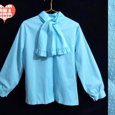 Sassy Vintage 60s 70s Light Blue Swiss Dot Long Sleeve Blouse with Detachable Neck Tie 