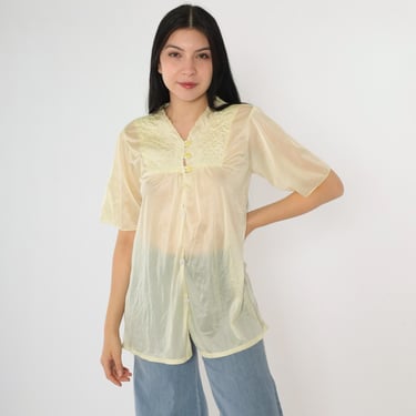 Vintage Sheer Pajama Shirt 80s Yellow Floral Embroidered Quilted Yoke Lingerie Top Button Up Sleep Shirt 1980s Short Sleeve Small Medium 