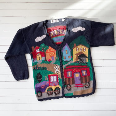 embroidered sweater 80s 90s vintage Karen Scott train station village scenic hand knit cardigan 