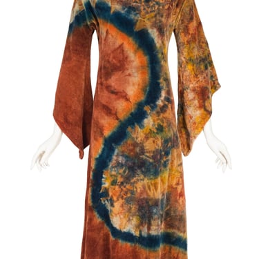 1970s Vintage Tie-Dye Cotton Velour Angel Sleeve Maxi Dress Sz XS S 