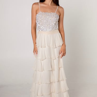 Ivory Silk Tiered Sequin Gown