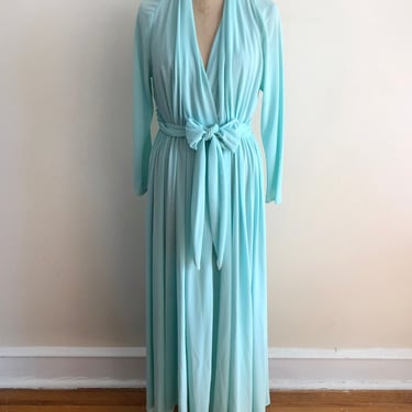 Long-Sleeved Aqua Surplice Maxi-Dress - 1970s 