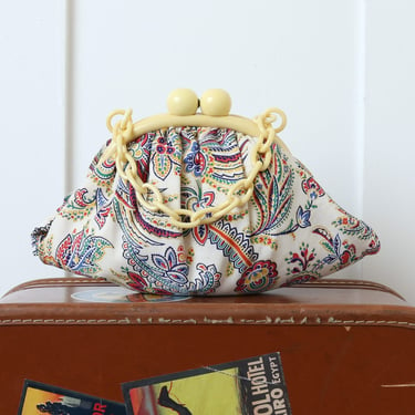 vintage 1930s ~ 1940s handbag • multicolor paisley patterned rayon & early plastic kiss-lock purse 
