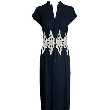 1950s Peggy Hunt Black Dress with Ivory Appliques at Waist