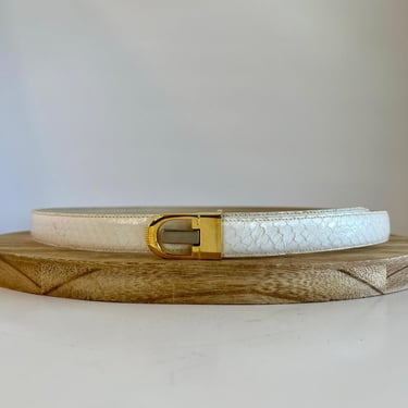 Vintage 90s White Genuine Snake Skin Leather Golden Buckle Belt - L/XL 