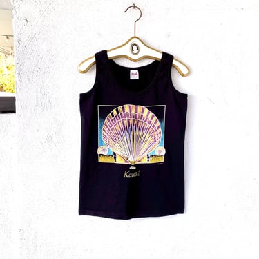 Vintage 80s 90s Hawaiian Sunrise Shell Hawaii Travel Tank Top Black Tshirt 