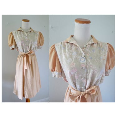 Vintage Beige Floral Midi Shirt Dress 70s Boho Cottagecore Belted Size Medium Large 