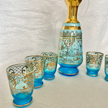 Venetian Glass Teal Blue Glass Decanter and Glasses, Set 6, Carafe, Bottle, Mid Century Vintage 