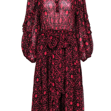 Ulla Johnson - Burgundy & Red Print Silk Midi Dress w/ Tie Sz 10