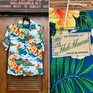 Vintage 1950’s “Hale Hawaii” Tiki Tropical Floral Crepe Hawaiian Shirt, Matching Pocket, 50’s Loop Collar, Vintage Clothing 