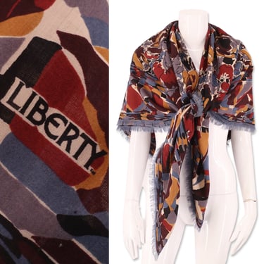 70s LIBERTY wool print scarf shawl / vintage 1970s HUGE Liberty London print wool challis fringed wrap 52 x 52 