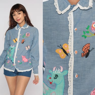 Embroidered Chambray Shirt 70s Animal Button Up Top Owl Horse Cow Butterfly Flower Pony Embroidery Blouse Blue Hippie Vintage 1970s Medium 