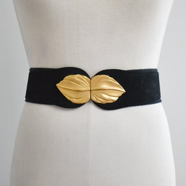 1980s Black Leather and Elastic Belt with Gold Metal Buckle 