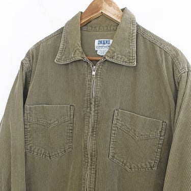 90s corduroy / corduroy shirt / 1990s olive green corduroy baggy zip up shirt jacket Medium 
