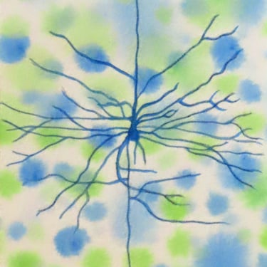 Vintage-style Pyramidal Cell in Green and Blue - original watercolor painting of neuron - neuroscience art 