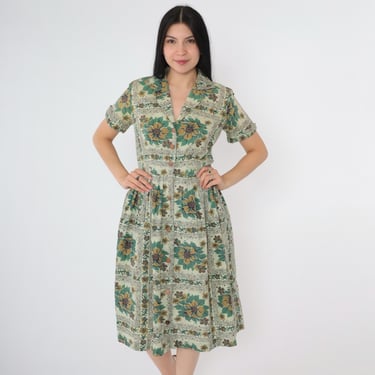 Vintage 50s Green Floral Dress Button Up Shirt Dress Full Skirt Short Sleeve Shirtdress Day Mid Century Garden Party Small 