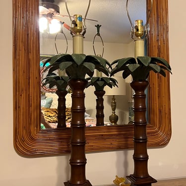 Incredible vintage faux bamboo palm leaf lamps 
