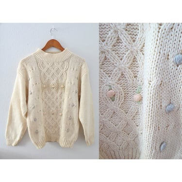 Vintage Thick Sweater - Pullover Floral Hand Knit - Warm Cream Chunky Winter Cozy - Size Large 