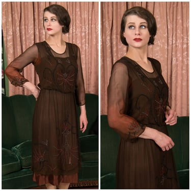 1910s Dress - Exquisite Vintage Late Edwardian Brown Silk Dress with Beaded Motif - c. 1918 - 1919 