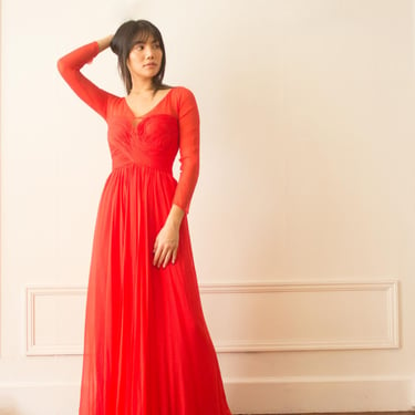 1990s Red Silk Chiffon Gown 