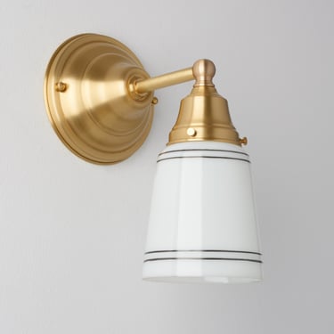 Brass Lighting - Opal/Milk Handblown Glass Cup - Hand Painted Lines - Classic Wall Sconce - SchoolHouse Wall Sconce 