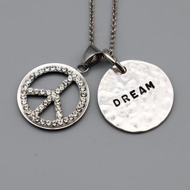 90's silver rhinestone inspirational double pendants, bedazzled sterling peace sign & hammered 925 Dream disc necklace 