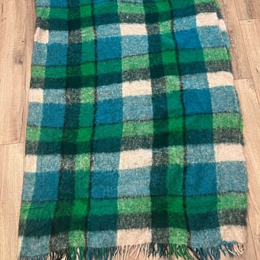 Vintage Large Mohair Blanket Plaid Green Blue All Mohair Pile 86” X 65” 