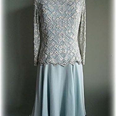 80's Blue Chiffon & Beaded Retro Vintage Prom Dress 