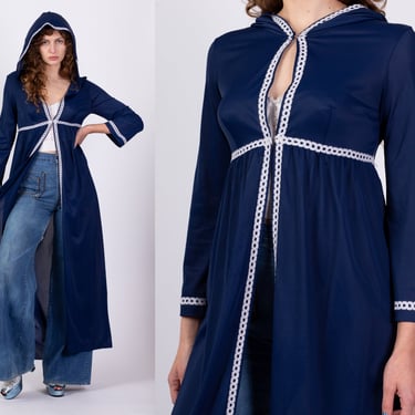 70s Navy Blue Hooded Lounge Robe - Medium | Vintage Lace Trim Zip Up Loungewear Maxi Dressing Gown 