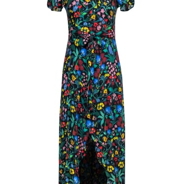Alice &amp; Olivia - Black &amp; Multi Color Floral Print Hi-Low Wrap Dress Sz 2