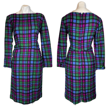 1960's Jewel Tones Wool Plaid Dress Size S