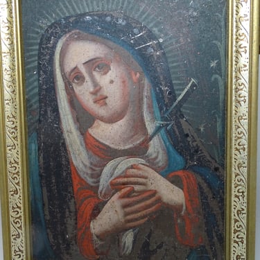 Antique 1800's Mexican Retablo Painting, Mater Doloroso,  Framed Our Lady of Sorrows, Virgin Mary, Madonna, Vintage Religious Decor 