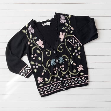cute cottagecore sweater | 80s 90s vintage black pastel pink floral embroidered intarsia dark academia oversized silk cardigan 