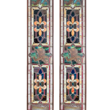 Pair of Judaica Lead Stained Glass Window Panels