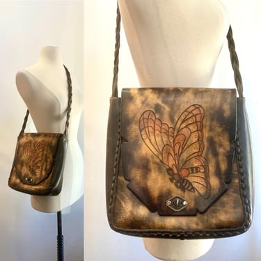 Vintage 70s TOOLED Leather Shoulder Bag / Hand Tooled BUTTERFLY / Cross Body Two-Tone Braided Strap / Oversized + Unused 