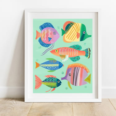 Bright & Colorful Tropical Fish Art Print/ 8 X 10 Underwater Ocean Illustration/ Kids Room Sea Life Wall Art/ Vibrant Beach House Decor 