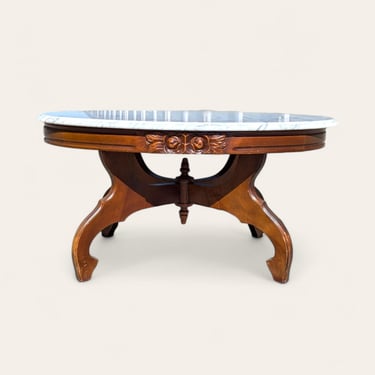 Antique Oval Coffee Table with Marble Top, Solid Wood, Italian, Queen Anne, Traditional, Victorian, Living Room 