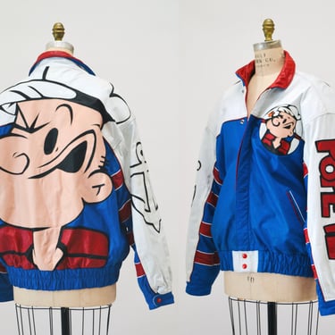 Vintage Leather Jacket with Popeye by Maizar// Vintage Leather Bomber Jacket with Popeye Sailor Cartoon Comic Size Medium Large 