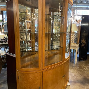 Bow Front Burl Wood China Cabinet 84 inches tall. 70 inches wide. 20 inches deep.