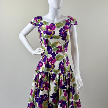 1980s Drop Waist Cotton Fruit Dress 