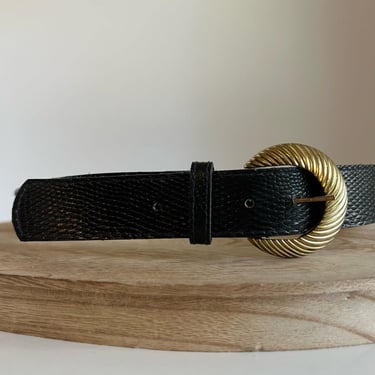 Vintage 90s Black Vegan Leather Chunky Golden Buckle Belt - S/M 