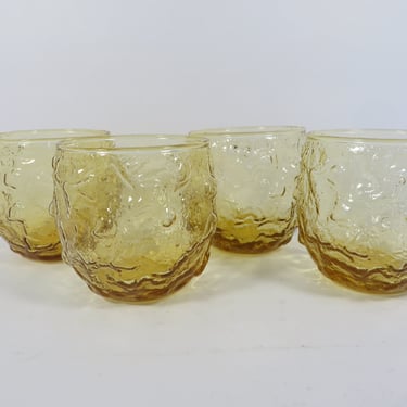 Vintage Gold Amber Lido Milano Glass Low Ball Glasses - Set of 4 Pebbled Roly Poly Gold Glasses 