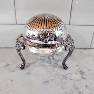 Vintage 1992 International Silver Company Silver-plated Rolling Cover Footed Lion Head Detail Butter Dish Caviar Dish Kitchen Décor 