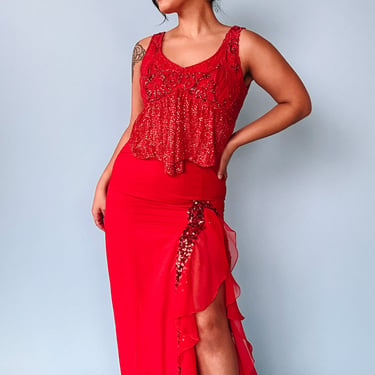 1980s Ruby Red Ruffle Dress, sz. M