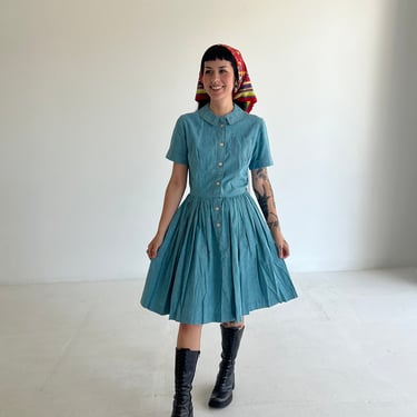 40s Blue Chambray Dress with Red Contrast Stitching