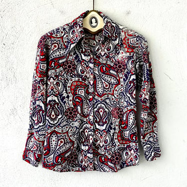 Vintage 70s Paisley Large Collar Shirt 1970s Red White and Blue 1970s Top 