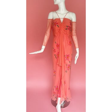 S/M Vintage Lillie Rubin Coral Chiffon Gown With Matching Sleeves 