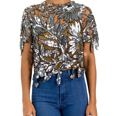 1980S Oscar De La Renta Oyster Grey & Silver Tulle Fully Beaded Cutwork Top 