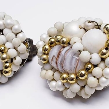 Antique Vintage Estate jewelry white beaded and cabochon cluster clip on earrings highly collectible 