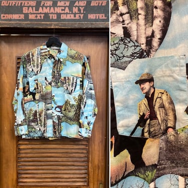 Vintage 1950’s Youth Size Photoprint Long Sleeve Cotton Rockabilly Hawaiian Shirt, Hunting, Football, 50’s Vintage Clothing 